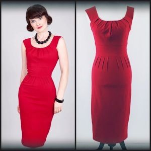 Bettie Page Red Holly Wiggle Pencil Dress EUC